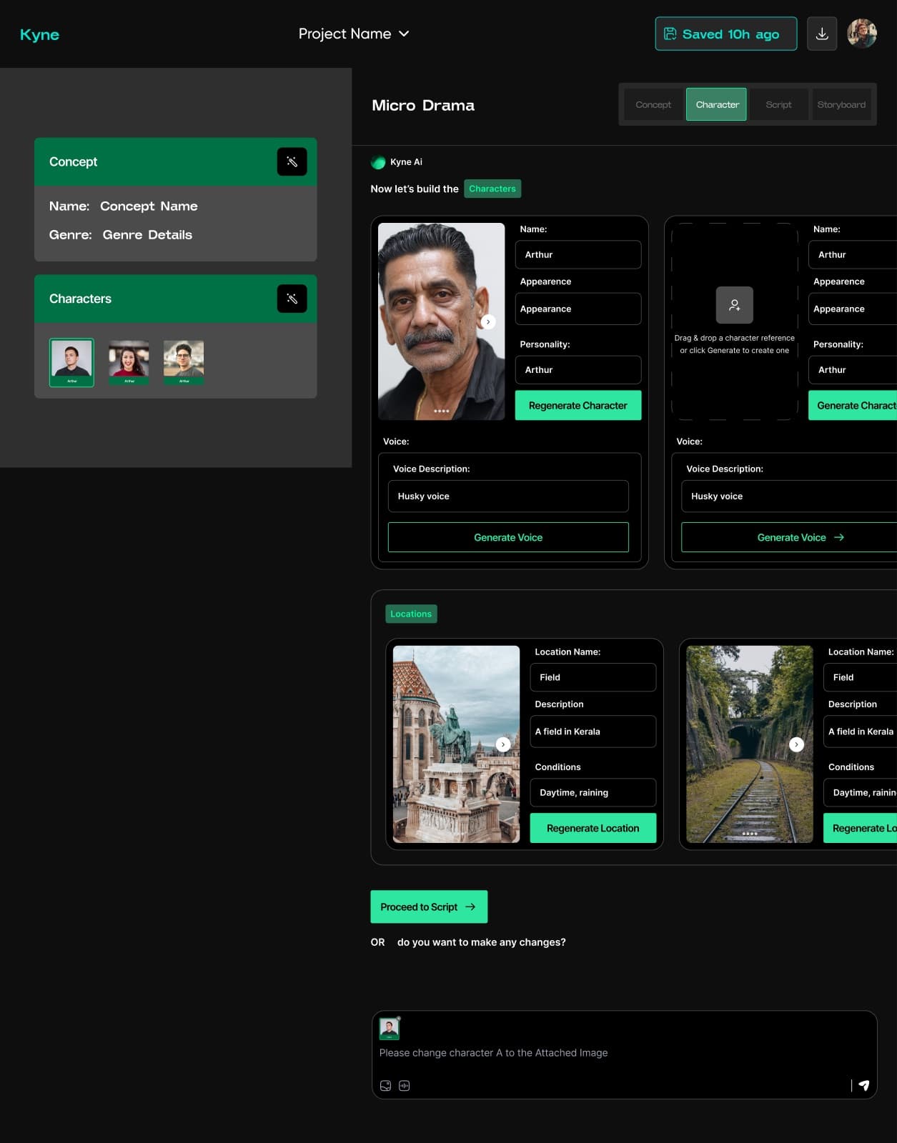 KYNE image generation — character library with regenerate controls