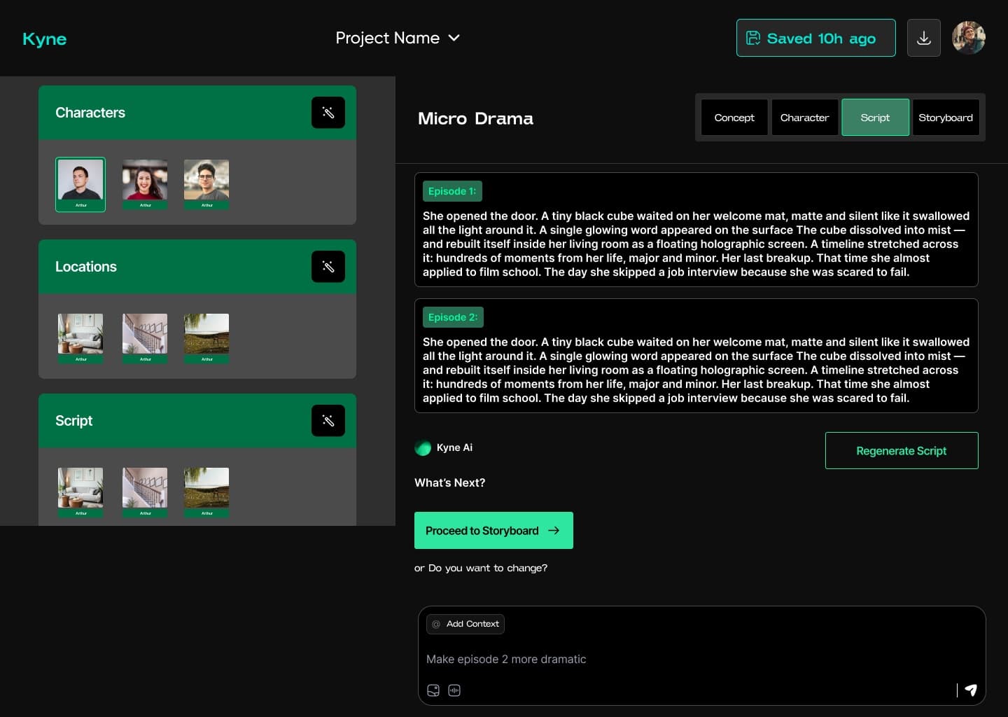 KYNE script view — scene-by-scene script with regenerate and proceed-to-storyboard controls