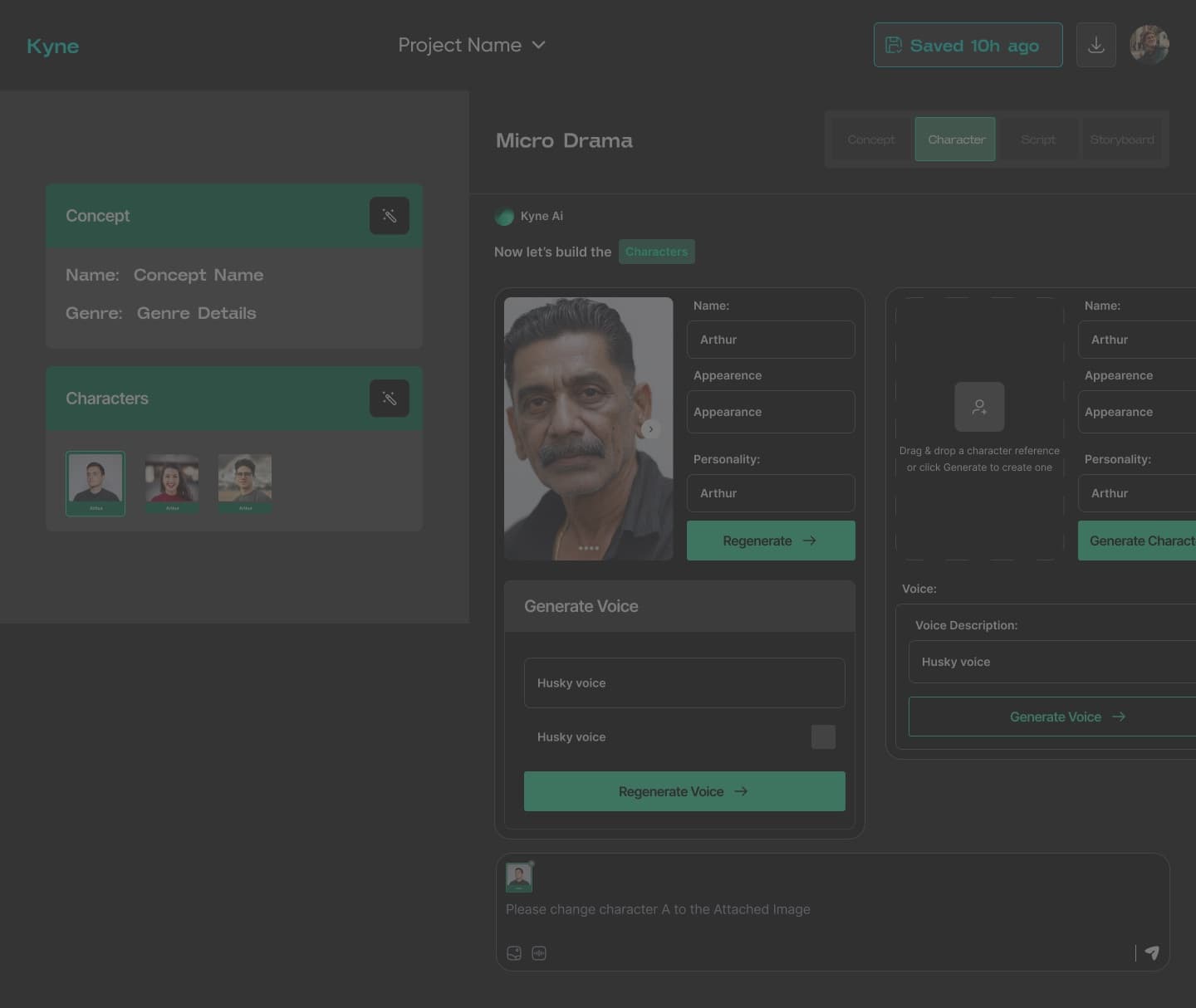 KYNE asset library — voice generation per character with shared project state
