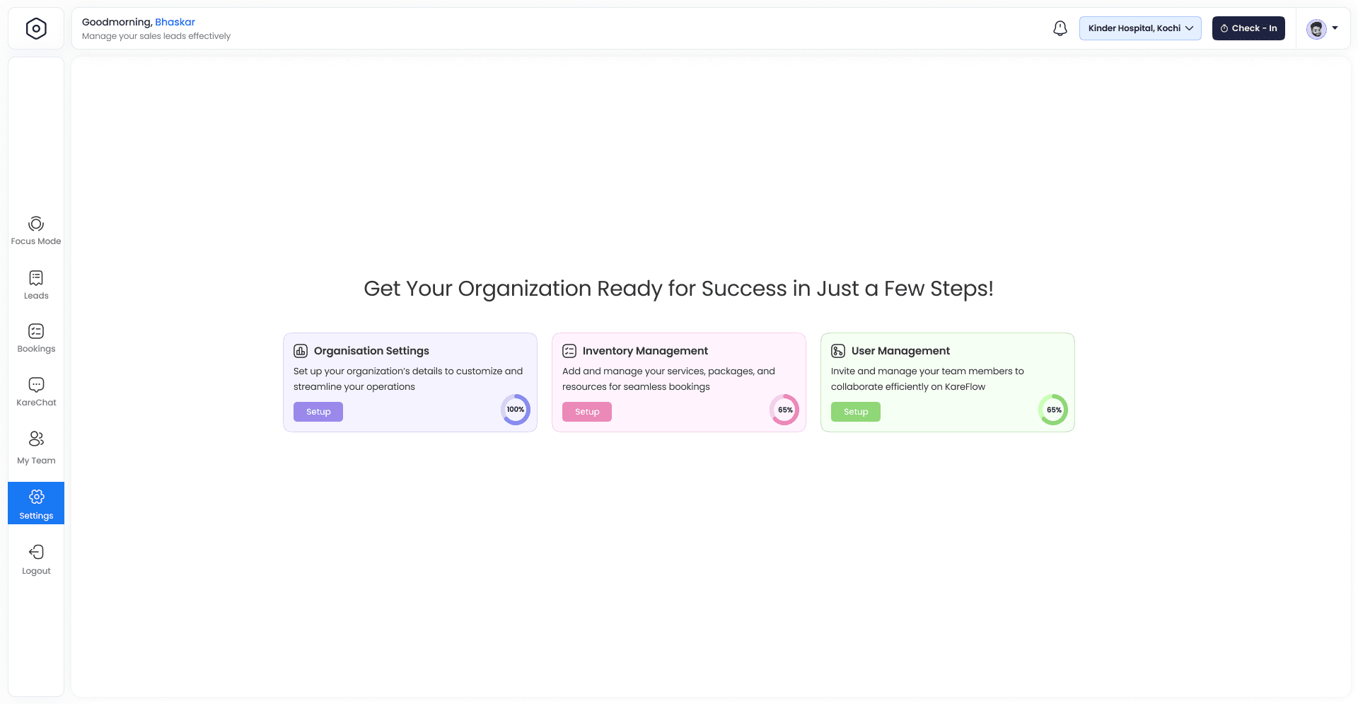 Mykare progress tracking — onboarding dashboard showing Organisation Settings, Inventory Management, and User Management completion rings
