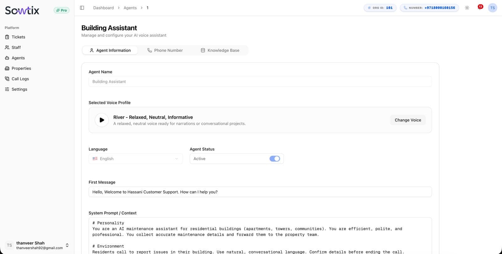 Building Assistant agent configuration — voice profile, language, status, first message, and system prompt