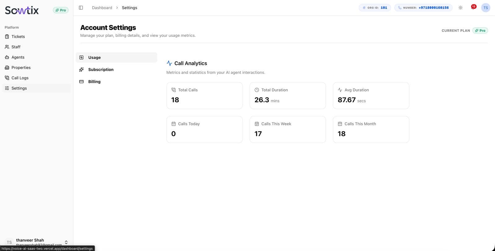 Account Settings usage tab — call analytics with total calls, total duration, and average duration