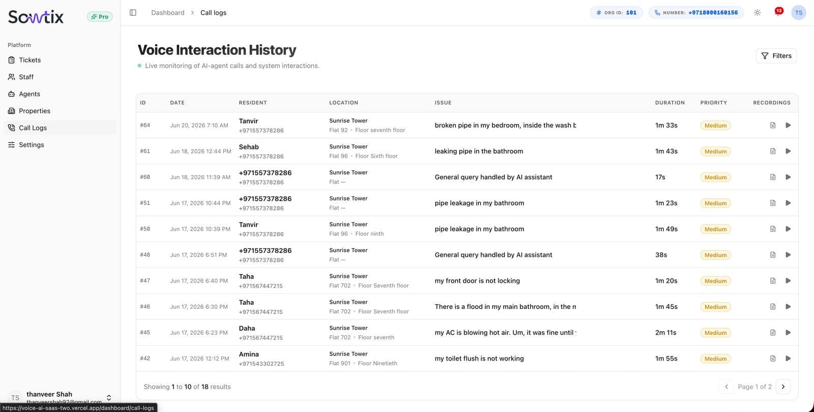 Voice Interaction History — call log with resident, location, issue, duration, priority, and recordings