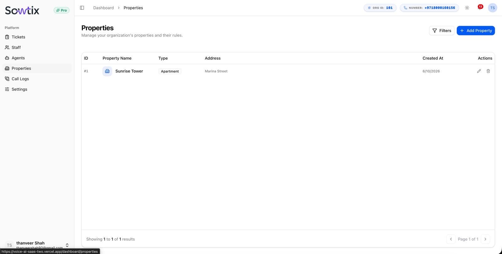 Properties screen — registered buildings with name, type, address, and creation date