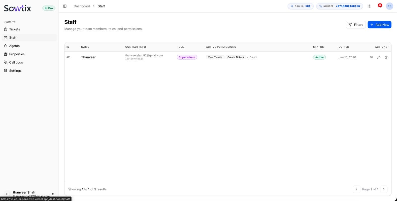 Staff screen — team members with role, contact info, active permissions, and status