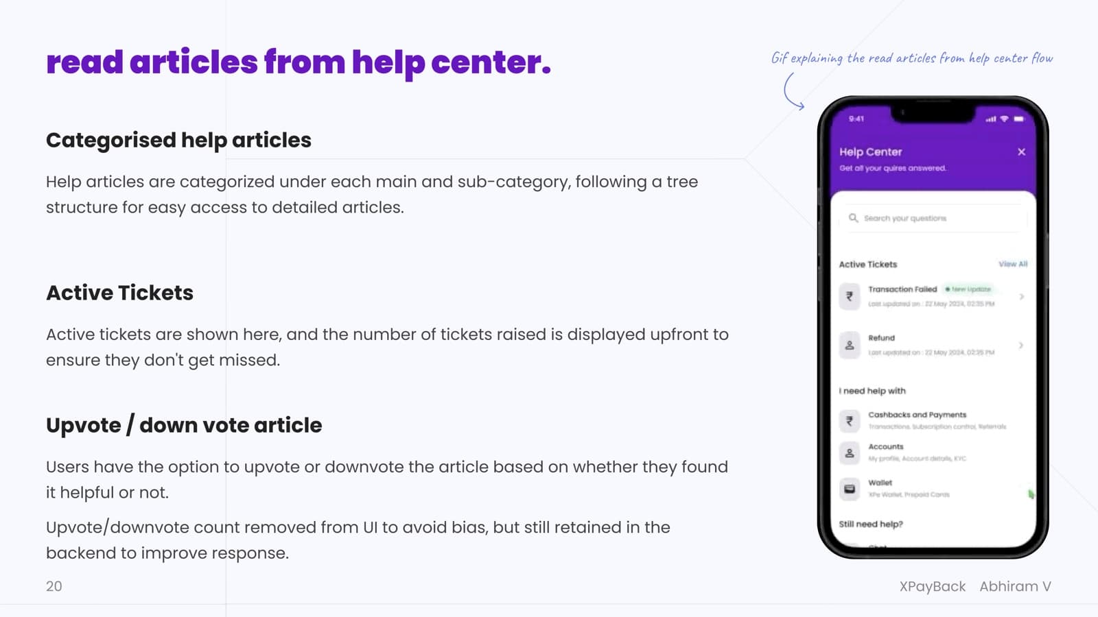 Help Center screen — categorised articles, search, and active tickets surfaced upfront
