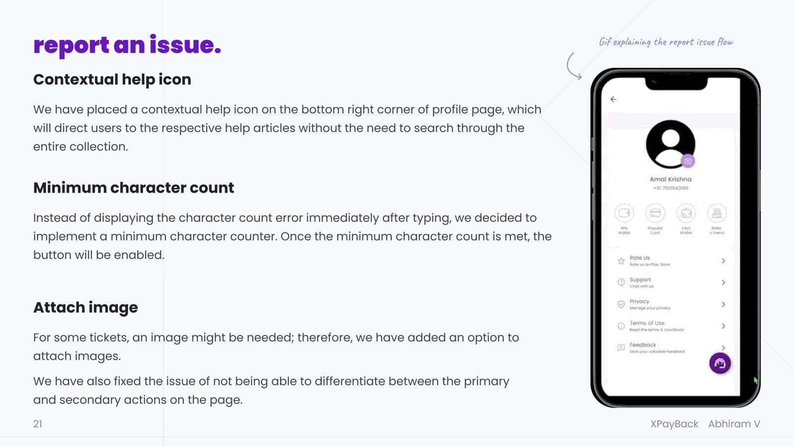 Report an issue flow — contextual help icon, minimum character counter, and image attachment