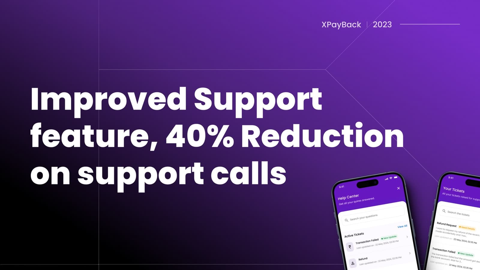 XPayBack support redesign — 40% reduction in support calls, with the Help Center and tickets screens