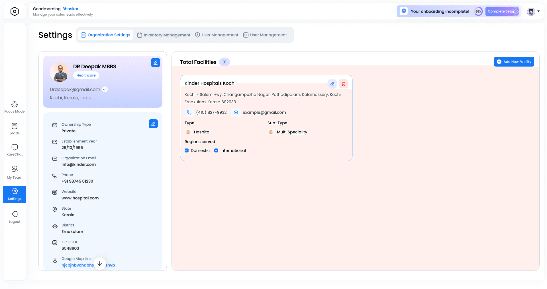 Mykare hospital onboarding portal — Settings dashboard showing organization info and facilities