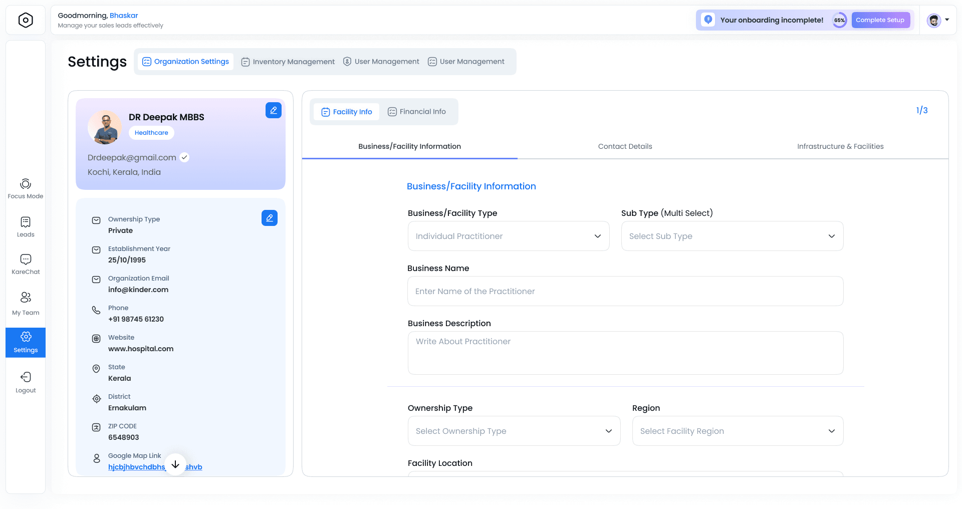 Mykare information architecture — Settings page showing facility info, financial info, and contact details tabs